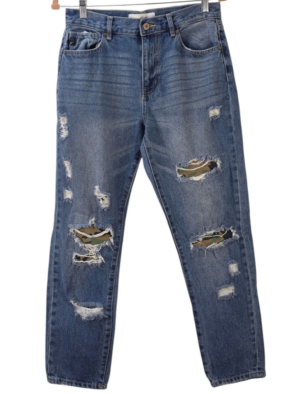 KanCan Distressed Camo Patch Jeans Y2K Straight Leg Medium Wash